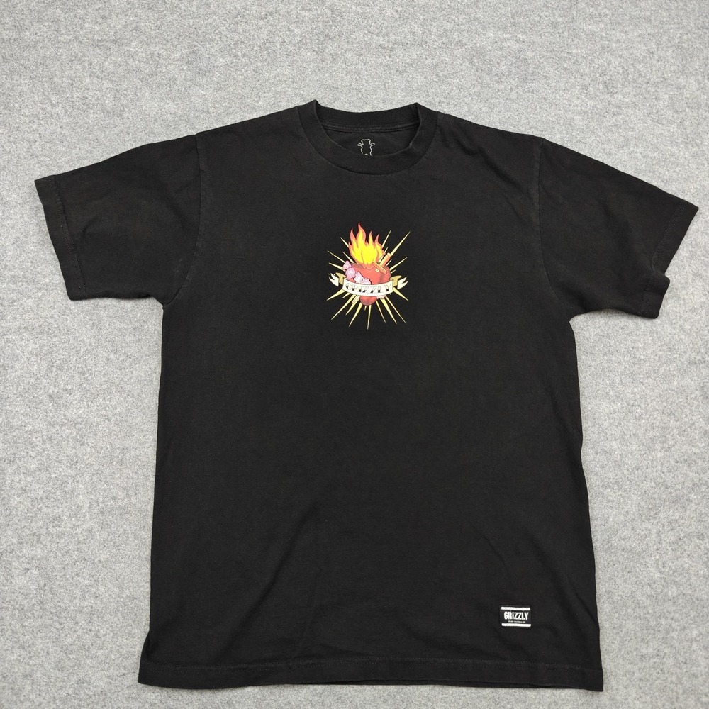 Grizzly Shirt Mens Large Black Flaming Heart Sunflower Floral Graphic Tee Skate